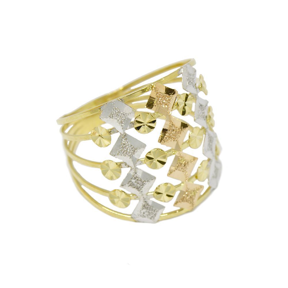 Anel Losango Tricolor Vazado Diamantado em Ouro Amarelo 18 Kilates - 25100